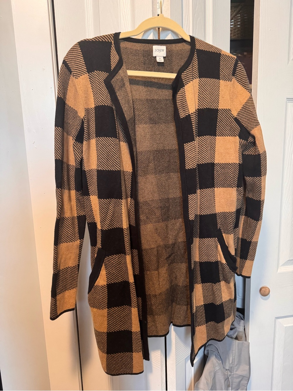 J. Crew Black and Camel Plaid Open-Front Cardigan